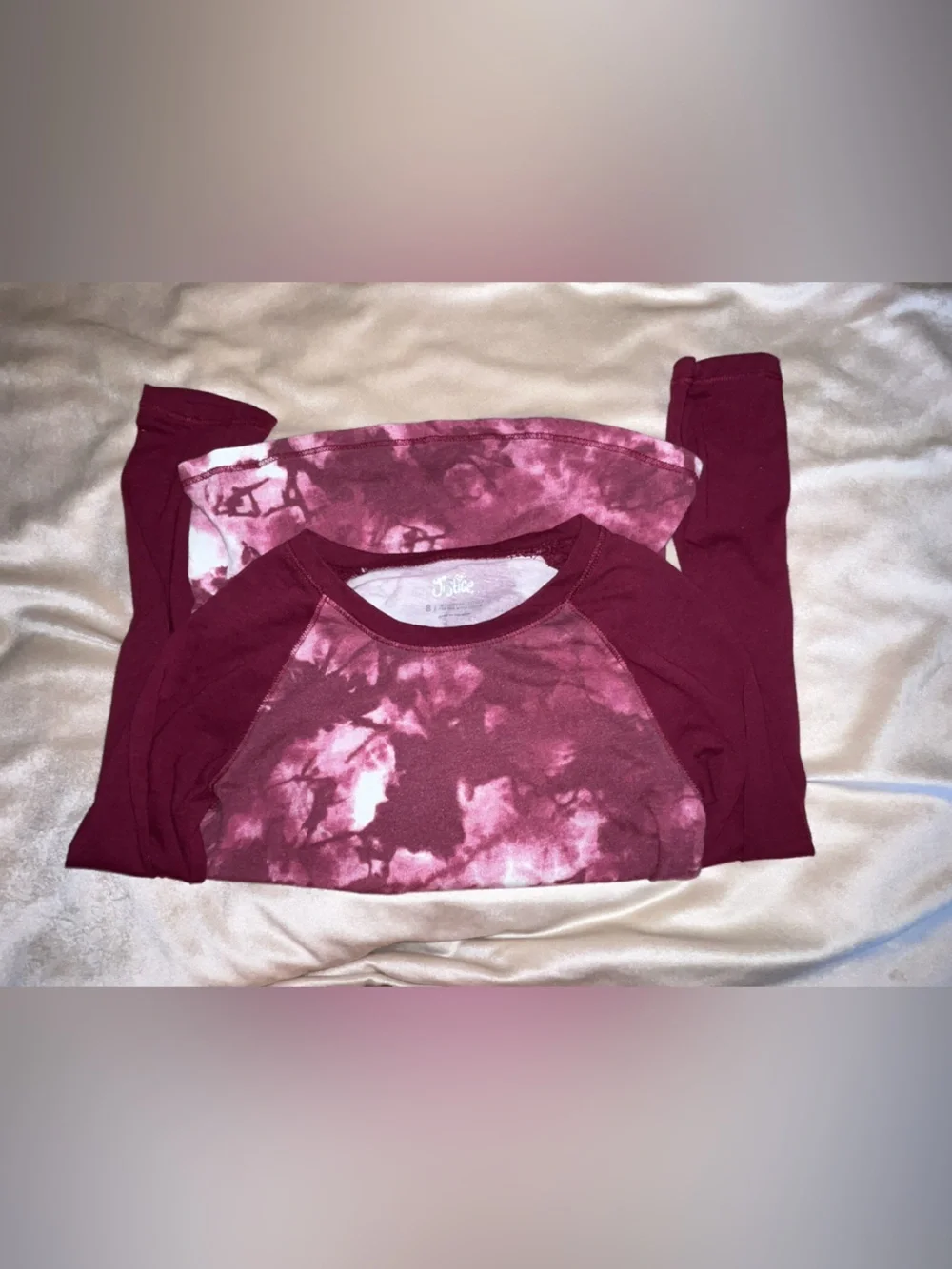 Justice Girls Long Sleeve Tie-Dye Tee in Burgundy and Pink